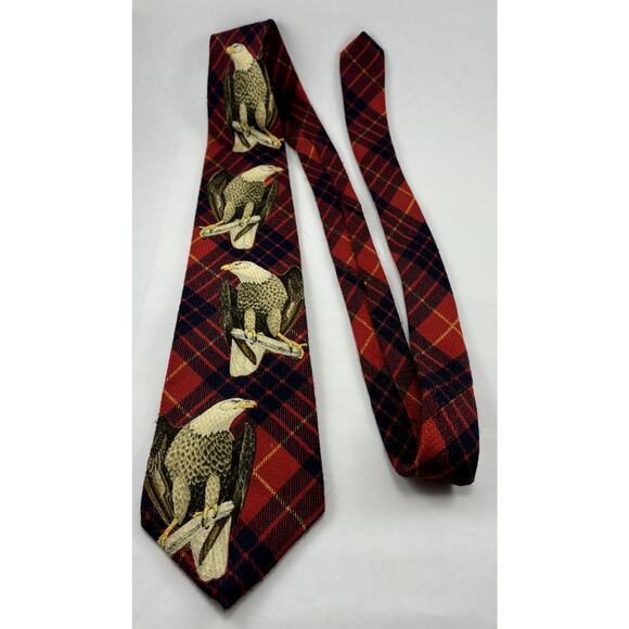 Harken Vintage Silk Tie Plaid Red Black Yellow Eagles EAE Hand Printed Italy - Picture 13 of 13